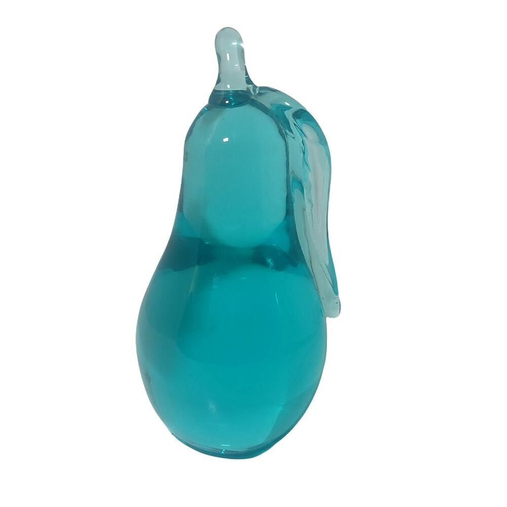 Vintage 1980 Liberty Village Signed‎ Art Glass Turquoise Pear Shaped Paperweight